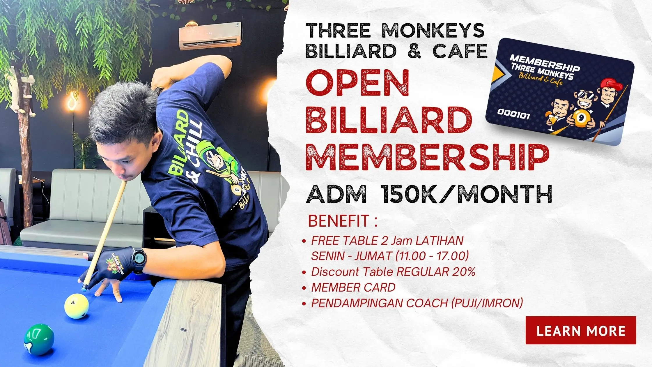 Open Billiard Membership Three Monkeys Billiard Purbalingga